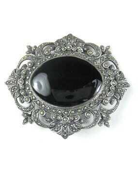 Vintage Sterling Silver 925 Black Onyx Marcasite Filigree Victorian Style Brooch
